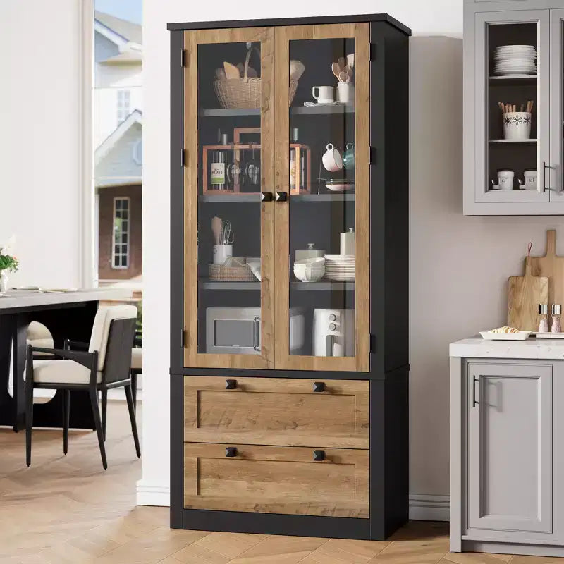 72 Tall Kitchen Pantry Cabinet with 2 Drawers Farmhouse Kitchen Cupboard with Glass Doors and Adjustable Shelves for Dining Room