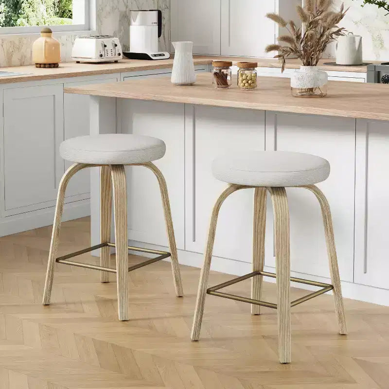 GDFStudio Trollpoe Modern Wood and Fabric Upholstered Swivel Bar Stools Set of 2