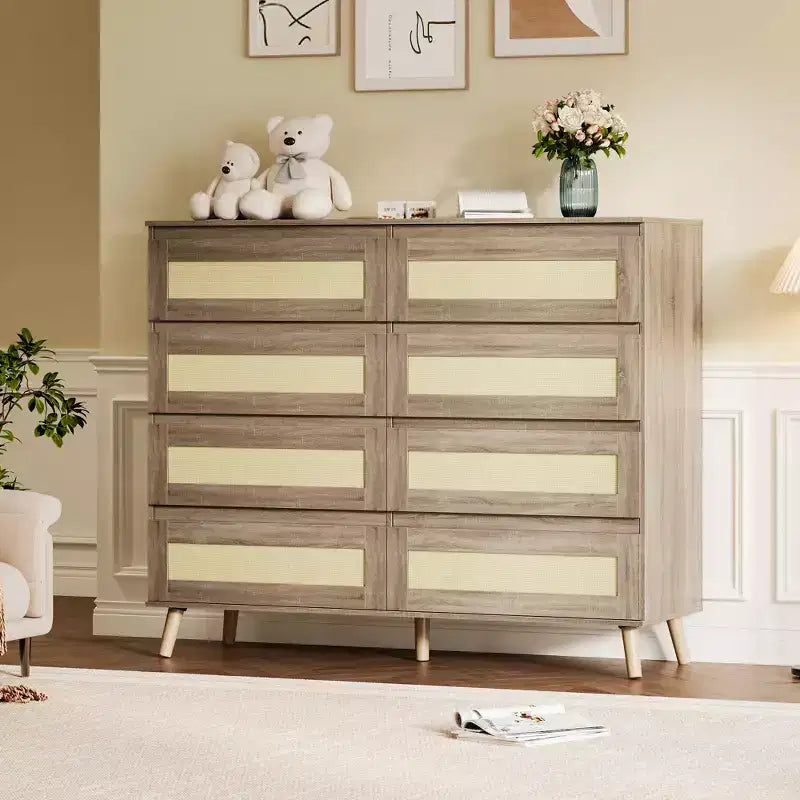 Rattan 8 Drawer Dresser for Bedroom Wooden Chest of Drawers with Storage Clothes Organizer Cabinet for Nursery Living Room Entryway