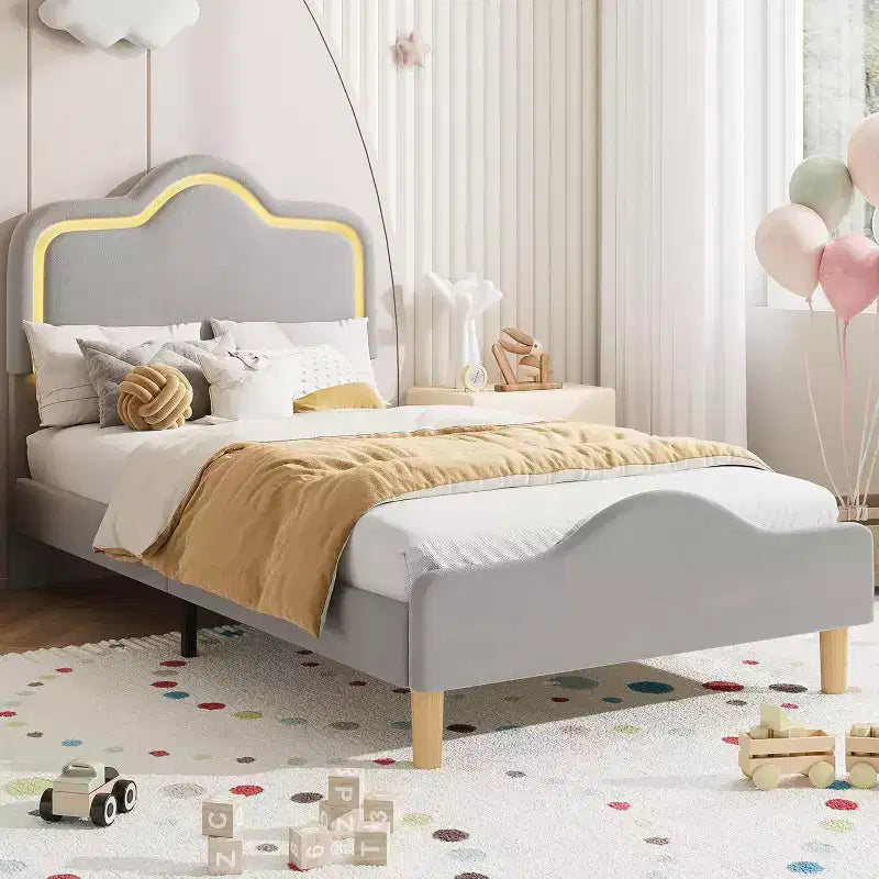 DobleePy Twin Size Gray Upholstered Platform Bed Frame Adjustable Headboard & Footboard Wooden Slats Support No Box Spring Needed Easy Assembly