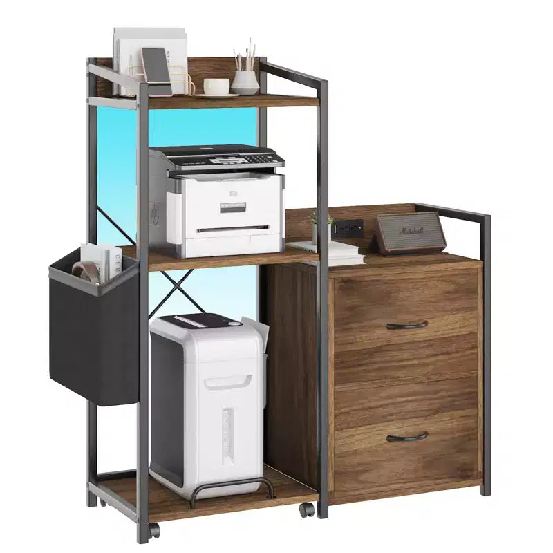 2-Drawer File Cabinet C Letter/Legal/A4 Size with Power Strip LED Lights & Open Shelf for Home Office Printer & Shredder Storage