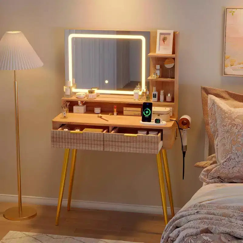 Acekool 31.5 Fluted Makeup Vanity Desk with Mirror 2 Drawers Shelves & Stool for Bedroom