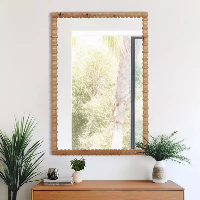 Rectangle Carved Wood Wall Mirror with Fir Wood Frame for Bedroom Decor - Vintage-Inspired Design for Hallway Entryway and Living Room - 44? Brown