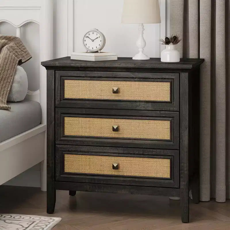 3 Drawer Rattan Dresser Farmhouse Wood Chest of Drawers Dark Oak