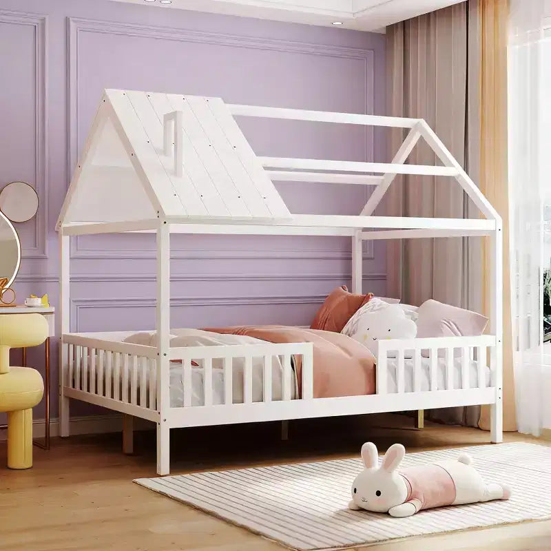 Luxystar Full Size House Bed with Roof and Fence for Kids Room White