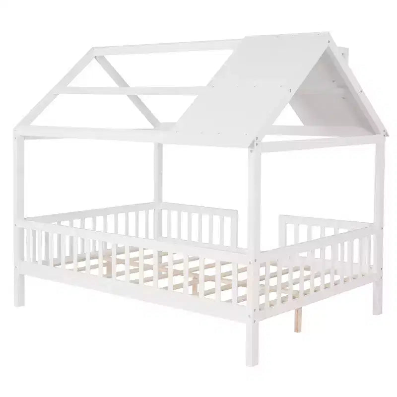 Lit cabane pour chambre d'enfant pleine grandeur avec toit et barrière