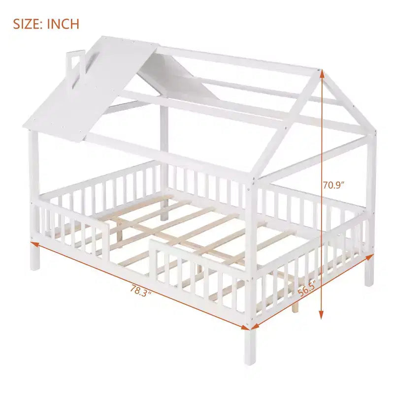 Lit cabane pour chambre d'enfant pleine grandeur avec toit et barrière