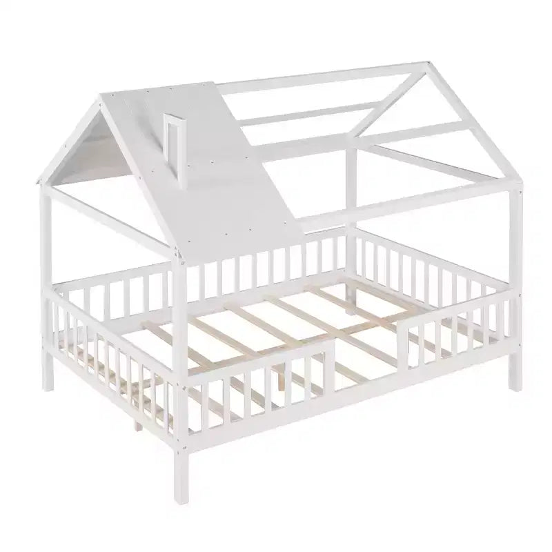 Lit cabane pour chambre d'enfant pleine grandeur avec toit et barrière