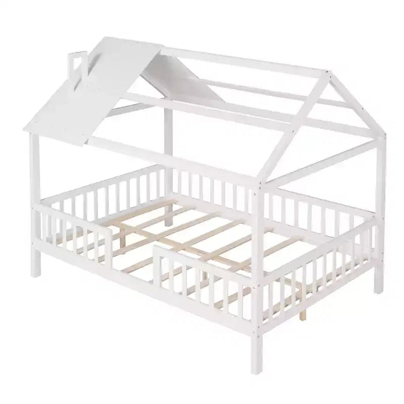 Lit cabane pour chambre d'enfant pleine grandeur avec toit et barrière