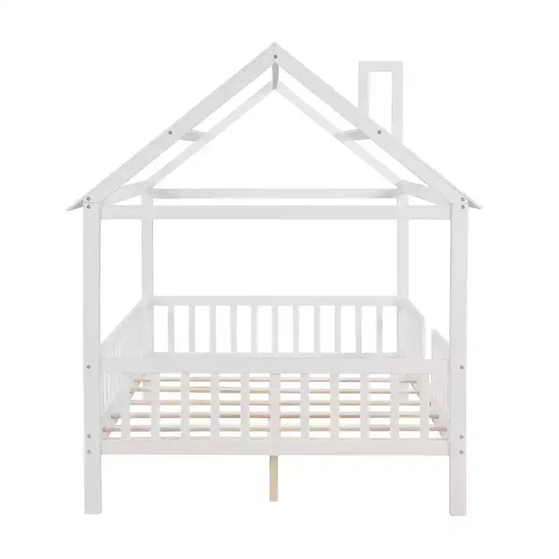 Lit cabane pour chambre d'enfant pleine grandeur avec toit et barrière