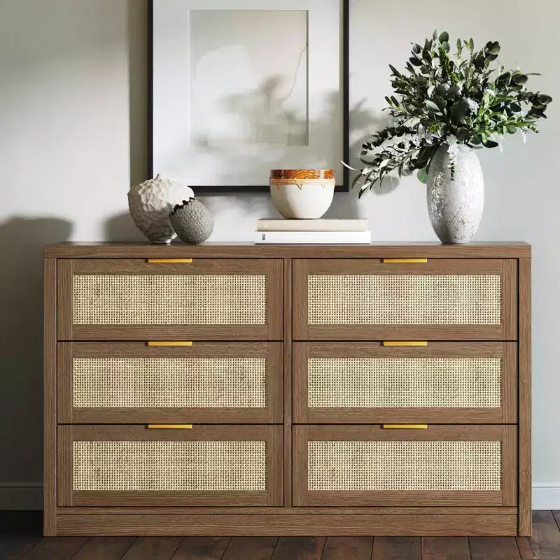 53 Rattan 6-Drawer Dresser Arched Cabinet. Deep Storage. hard Wood Frame Light Wood. for Bedroom or Living Room