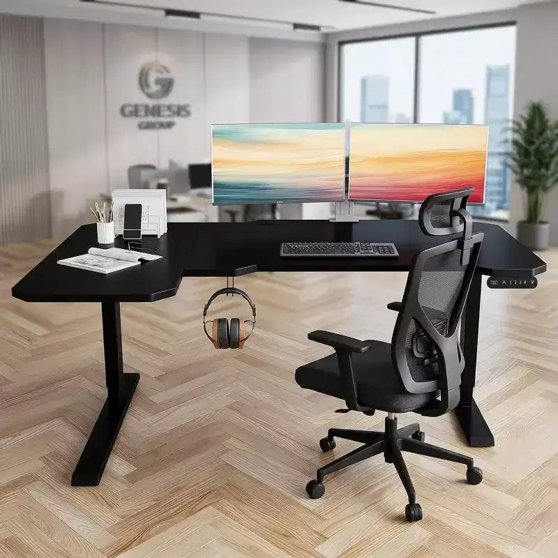 JVNOXK L-Shaped 59 Height Adjustable Electric Standing Desk Sit Stand Up Computer Desk for Home Office Black