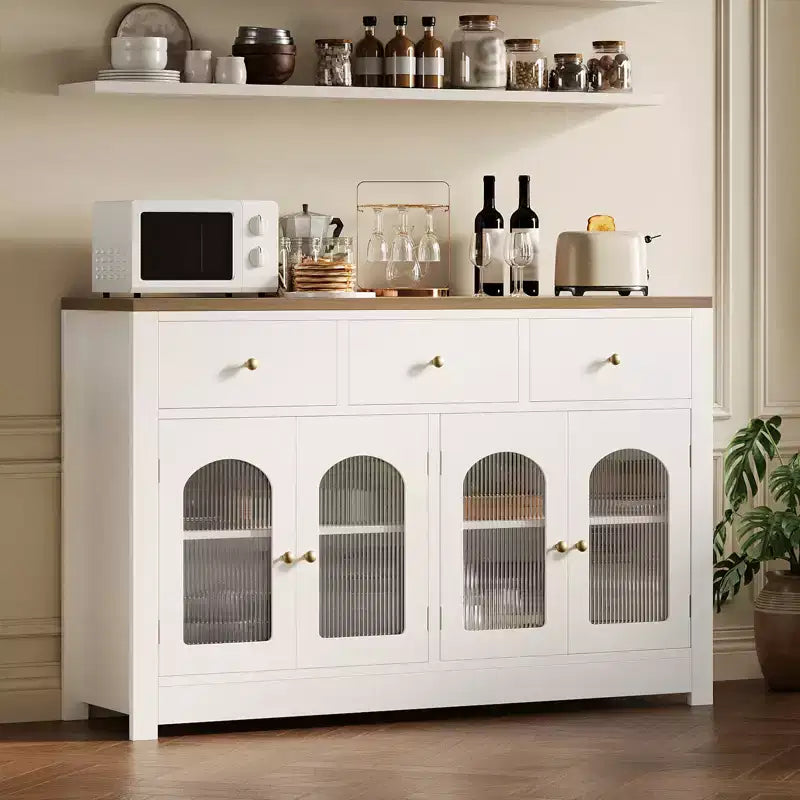 55 Inch Modern White Sideboard with Glass Doors & Storage Heavy Duty Wood Entryway Table Ideal Kitchen Organizer and Coffee Station Furniture