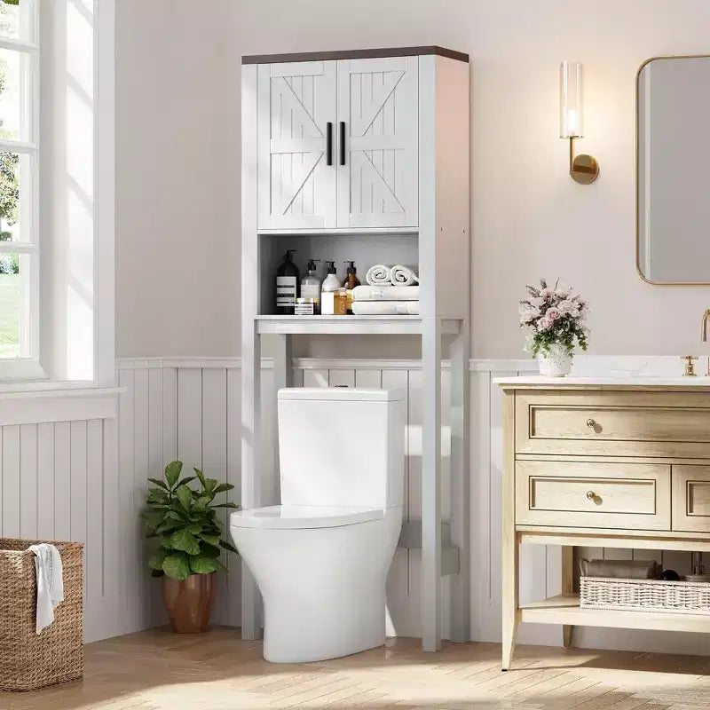 Modern Over-the-Toilet Storage Cabinet Free Standing Bathroom Organizer with Adjustable Shelves and Anti-Tip Device
