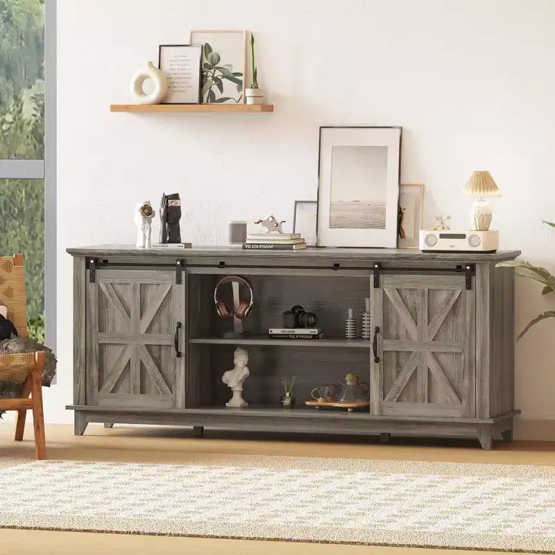 Modern Farmhouse TV Stand Entertainment Center - Sliding Barn Doors - Storage Cabinets & Media Console Table for Living Room