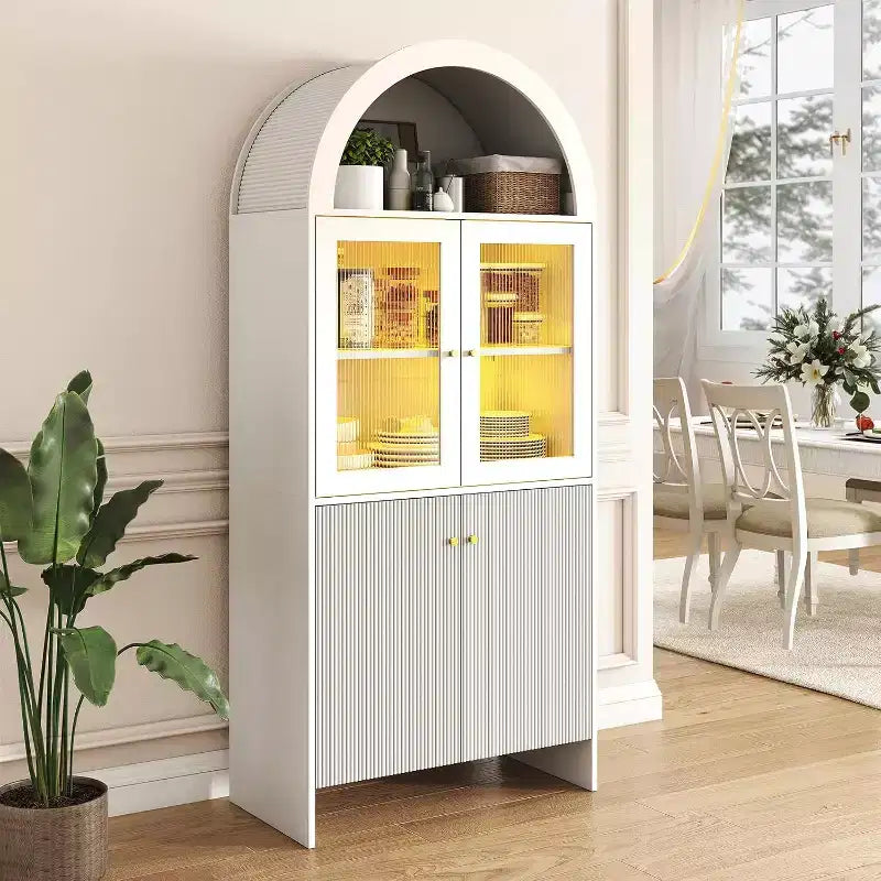 Zevemomo 69 Tall Arched 5-Tier Storage Cabinet with Lights for Kitchen Living Room Dining Room Pantry Bathroom White