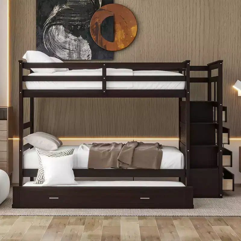 GDFStudio Hardy Bunk Bed with Trundle and Staircase Twin Over Twin Size