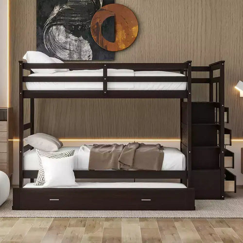 GDFStudio Hardy Bunk Bed with Trundle and Staircase Twin Over Twin Size