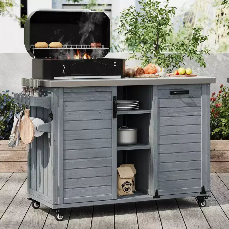 FAMYYT 78.3-Inch Outdoor Kitchen Island with Stainless Steel Countertop Foldable BBQ Station and Storage Cabinets Grey Blue