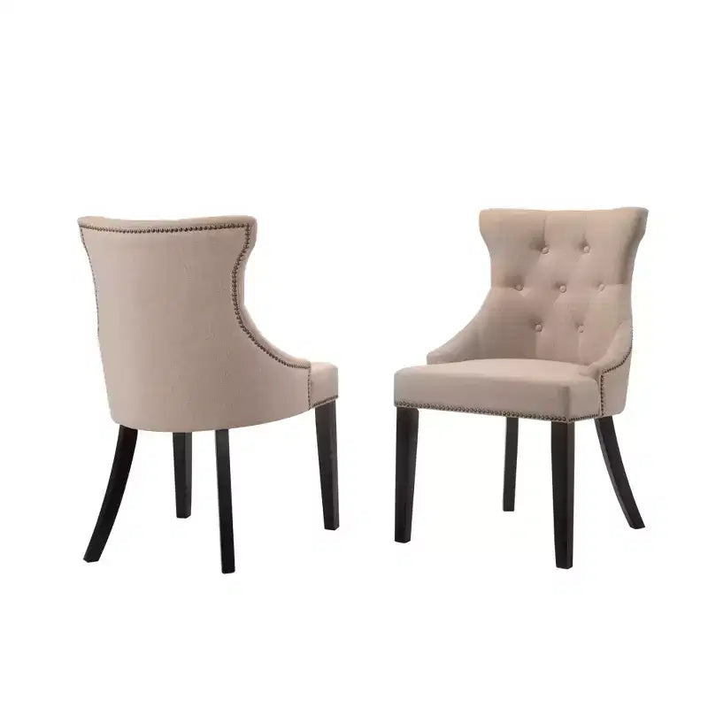 Carolina Living Set of 2 Ella Tufted Back Upholstered Nail Head Chair Espresso/Cream: Wingback Linen Fabric Wood Legs