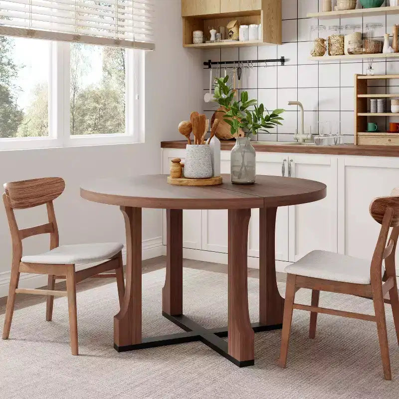 Table à manger ronde à cadre croisé rustique en noyer