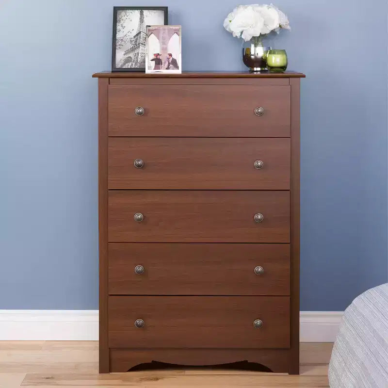 44.75" Prepac Sonoma Traditional 5 Drawer Tall Dresser for Bedroom Functional Bedroom Dresser Chest of Drawers Cherry
