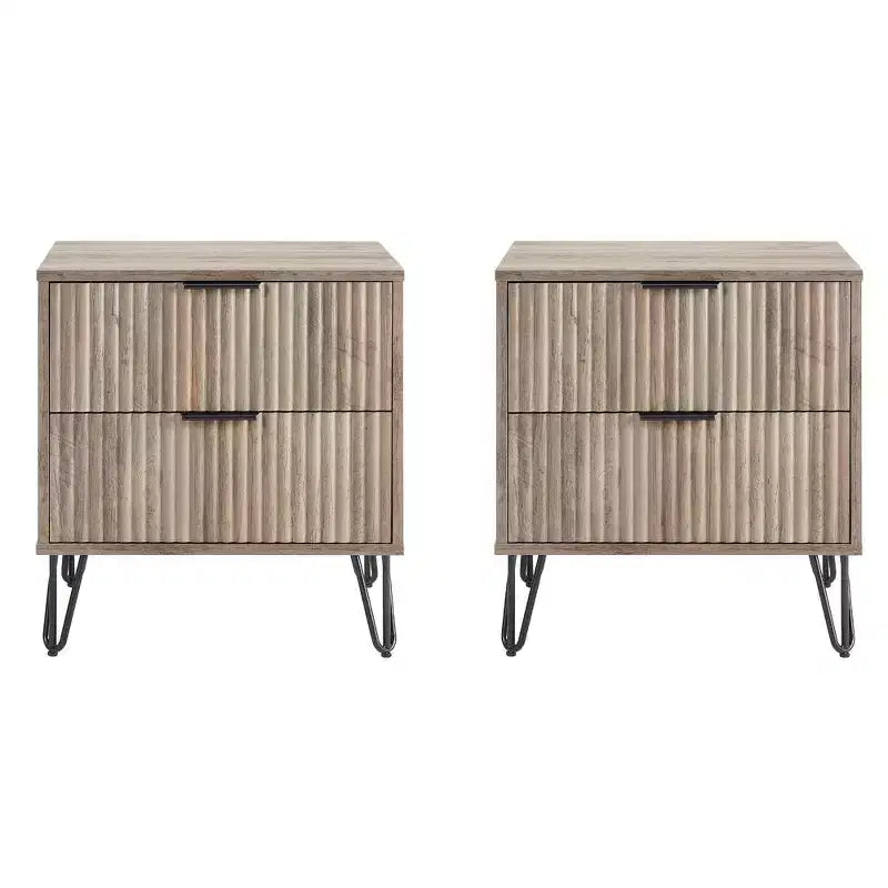 Manhattan Comfort Set of 2 Dumbo 2 Drawer Nightstands Rustic Gray: Modern Style MDF Frame Metal Glides