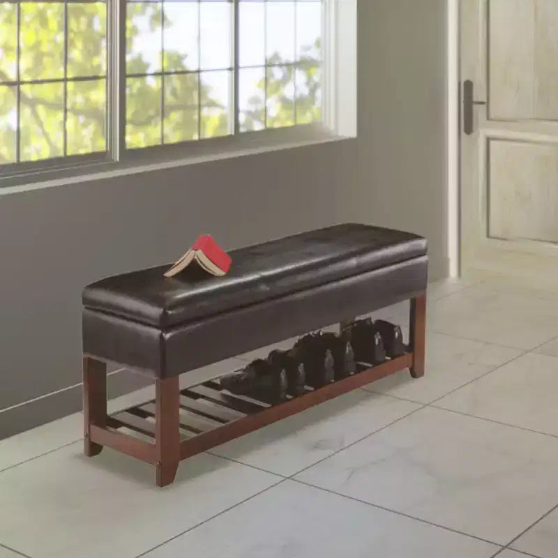 Monza Bench with Storage Chest and Shoe Rack Faux Leather Cushion - Winsome