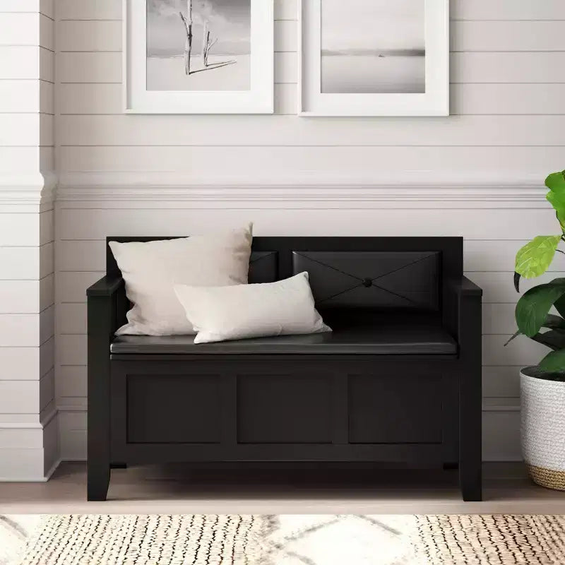 Linon 44.5" Carlton Solid Wood Faux Leather Upholstered Padded Storage Bench Black: Entryway Ottoman Shoe Organizer