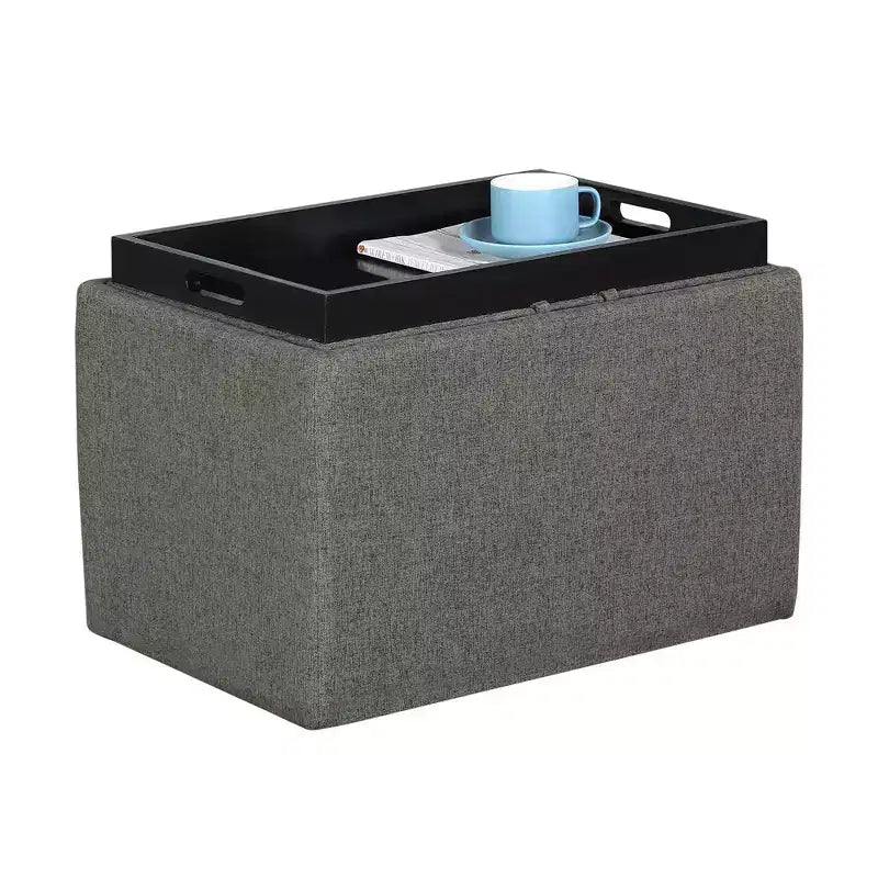 Pouffe de rangement en tissu gris doux avec plateau rabattable