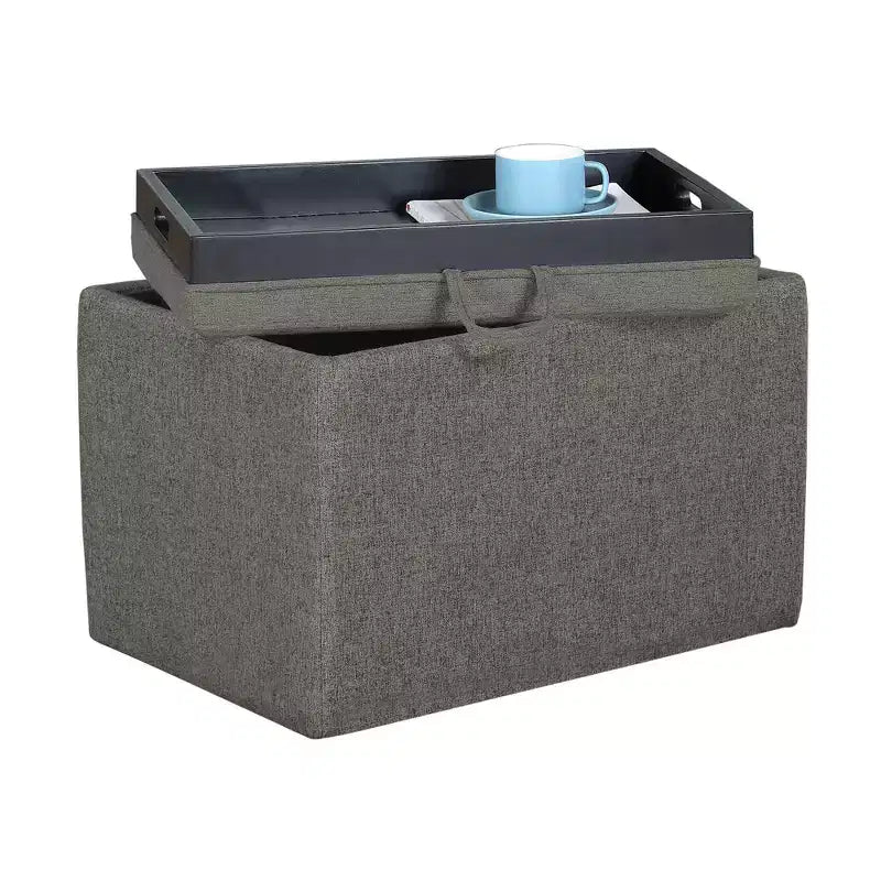 Pouffe de rangement en tissu gris doux avec plateau rabattable