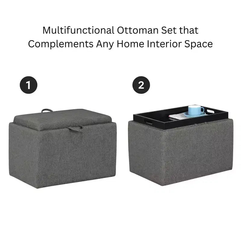 Pouffe de rangement en tissu gris doux avec plateau rabattable
