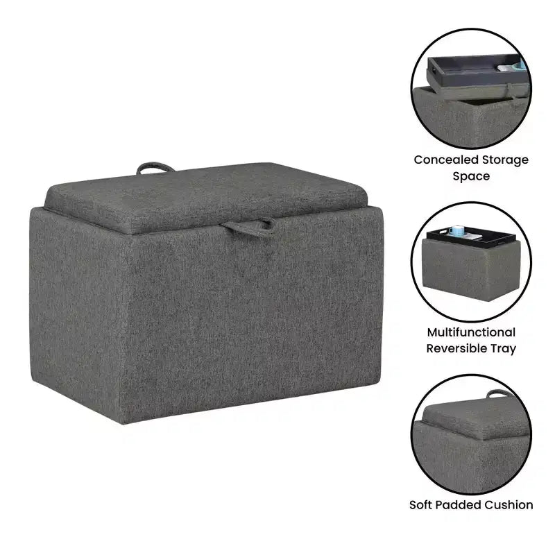 Pouffe de rangement en tissu gris doux avec plateau rabattable