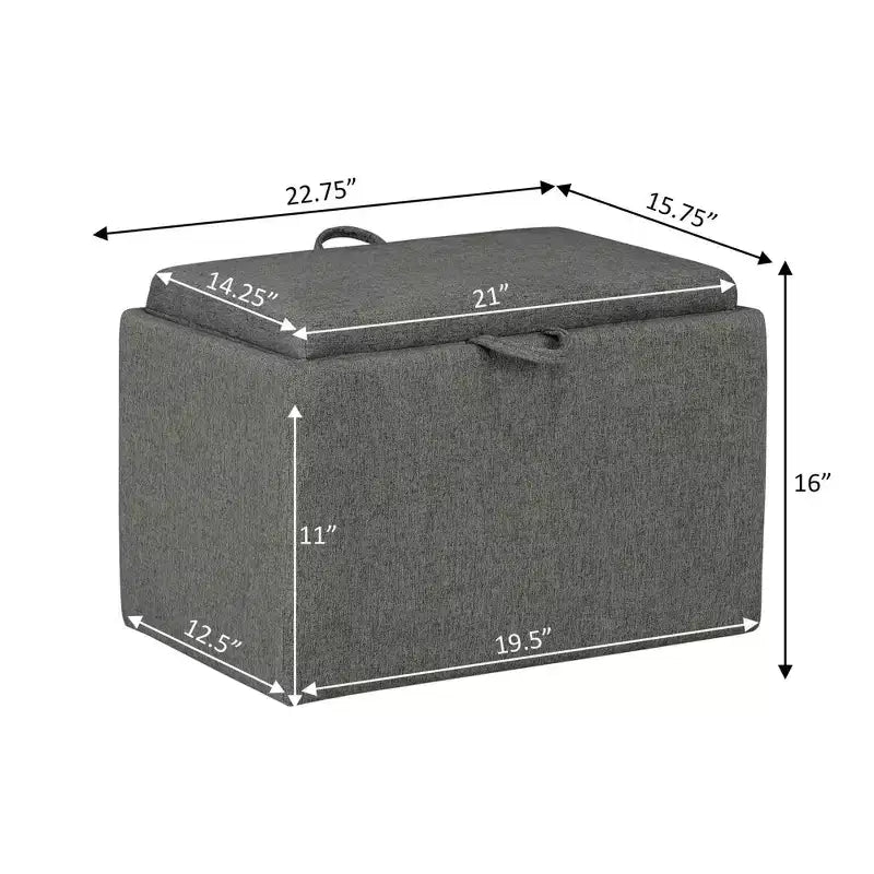 Pouffe de rangement en tissu gris doux avec plateau rabattable