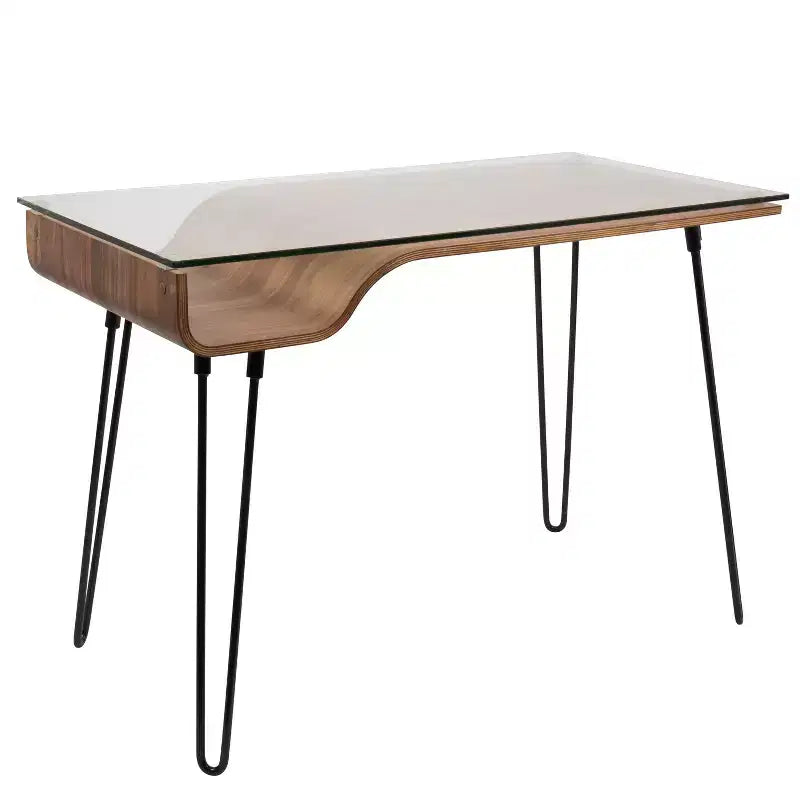 LumiSource Avery Mid Century Modern Desk Walnut : Tempered Glass Top Wood & Metal Frame All Purpose Drawer