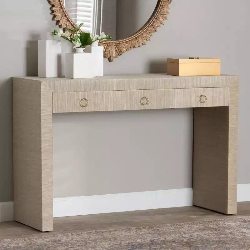 bali & pari Cielo Woven Grasscloth 3 Drawer Console Table Natural/Gold