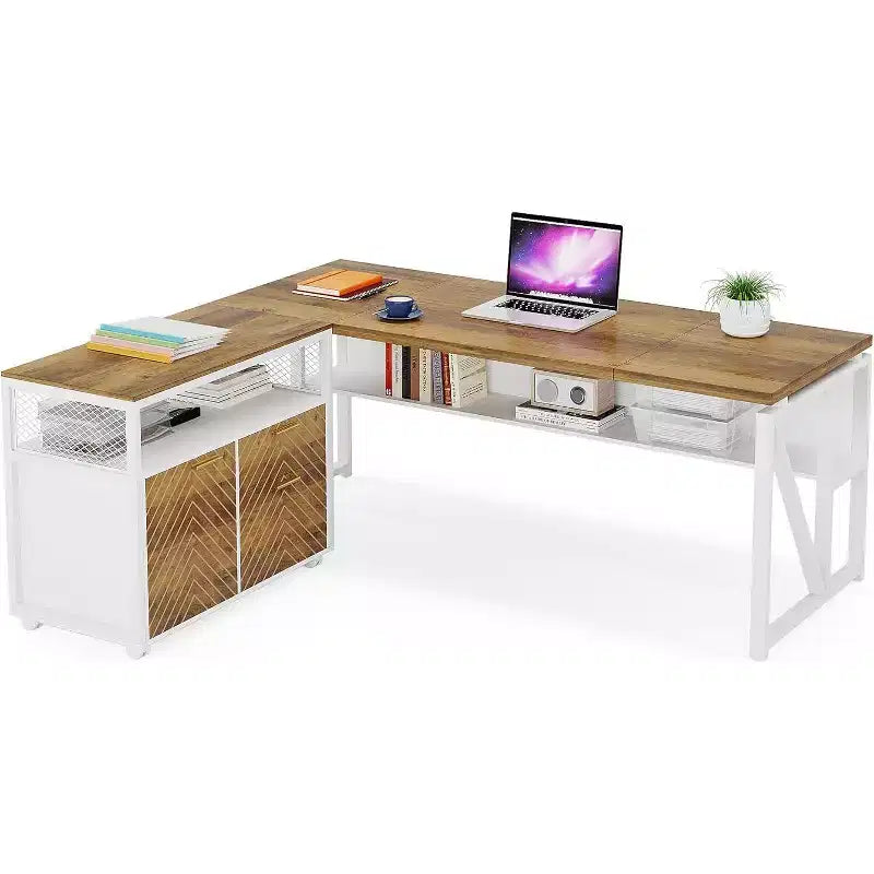 Lantine L Shaped Desk with Drawer Cabinet 63 Executive Computer Desk and lateral File Cabinet for Home Office