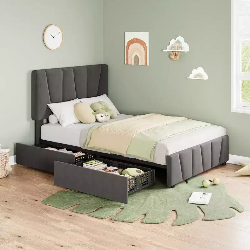 Whizmax Bed Frame with 4 Storage Drawers and Linen Upholstery Headboard and Footboard Mattress Foundation with Wooden Slats Support Gray